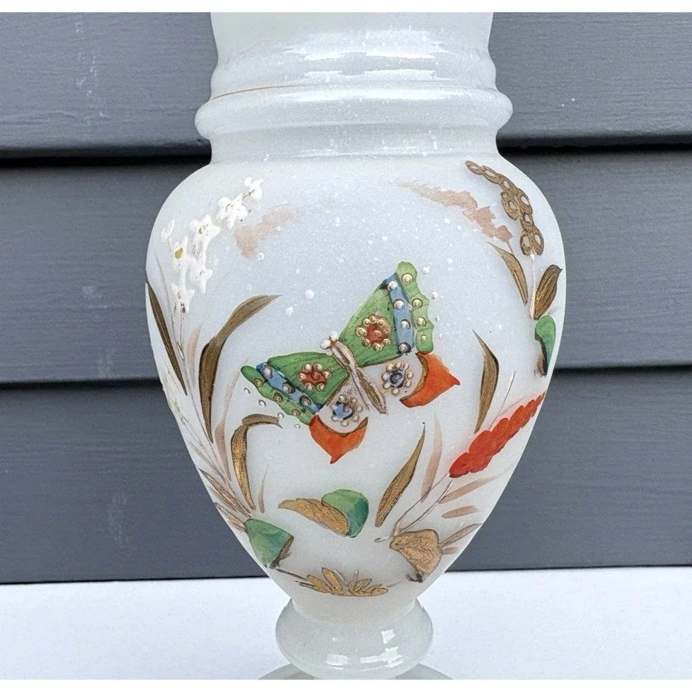 Antique Bristol opaline blown glass matched vases hand painted butterflies EVC